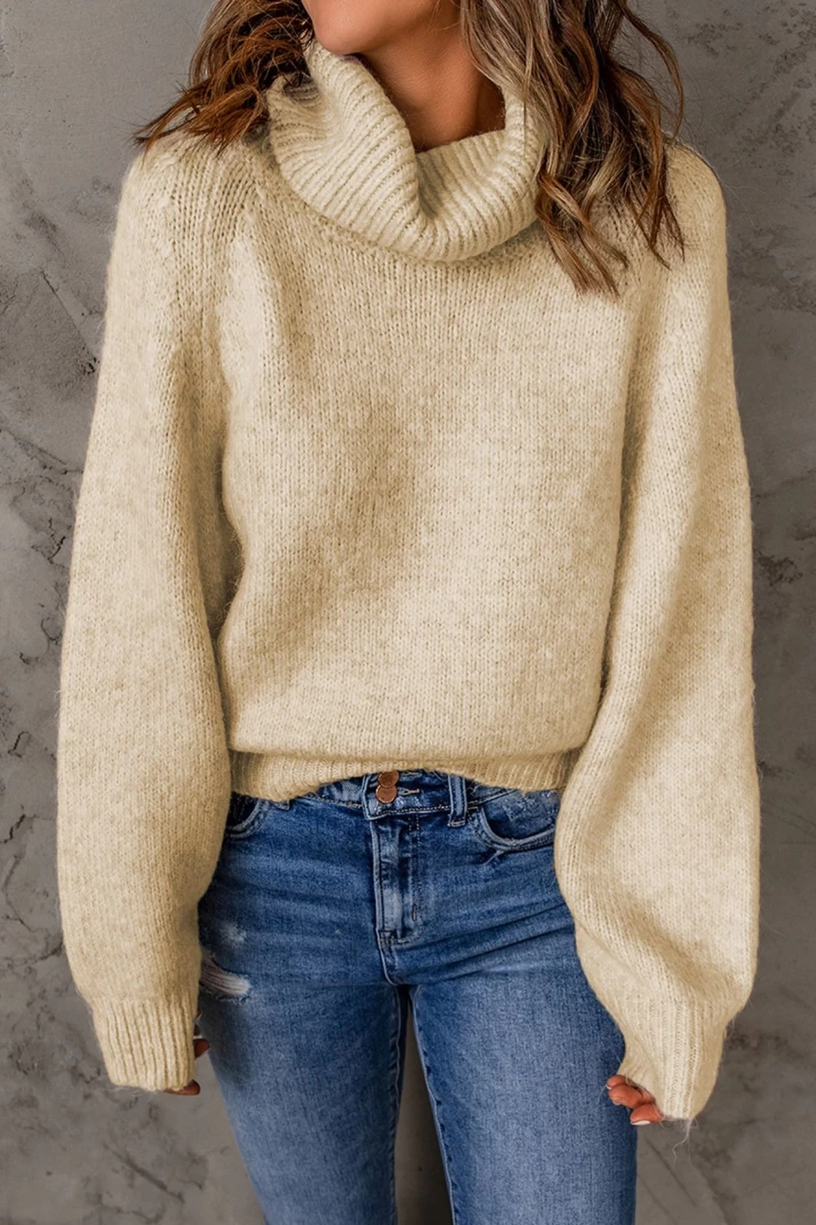 Shewin Women's Apricot Chunky Knit Long Sleeve Turtle Neck Winter Sweater
