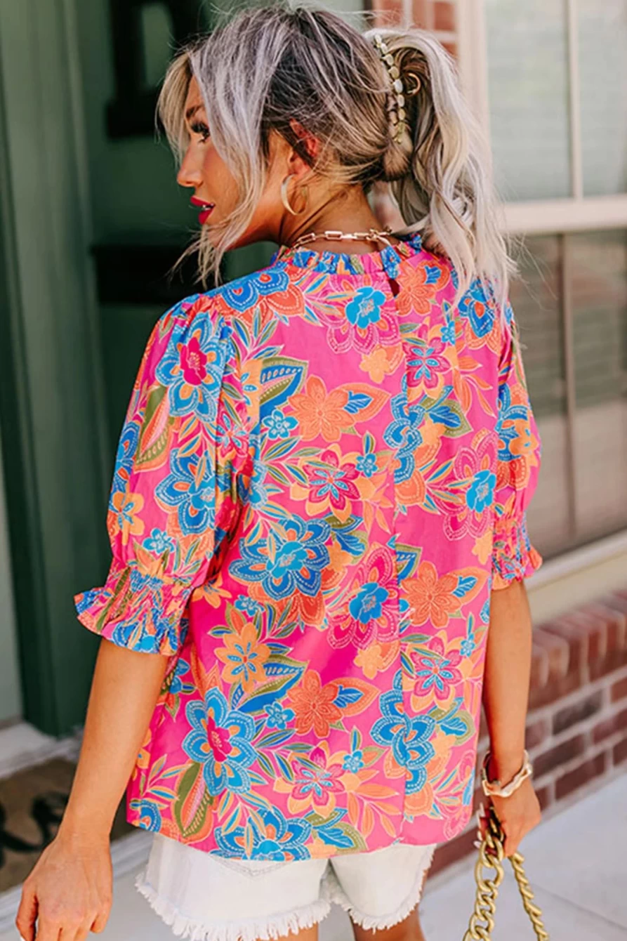 Shewin Women's Rose Boho Floral Blouse with Frill Neck & Puff Sleeves