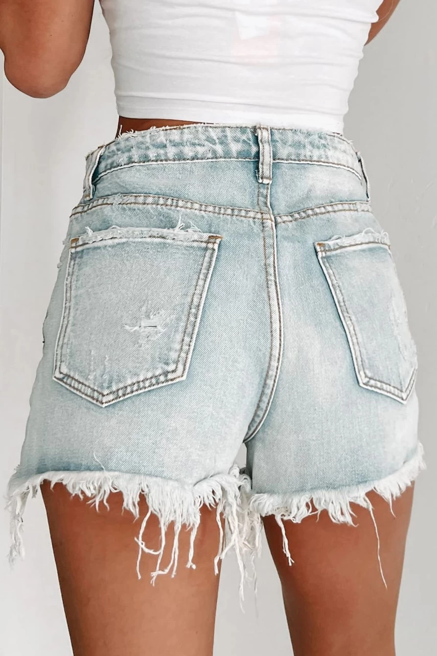 "Shewin Women's Sky Blue Distressed High Waist Raw Hem Denim Shorts"