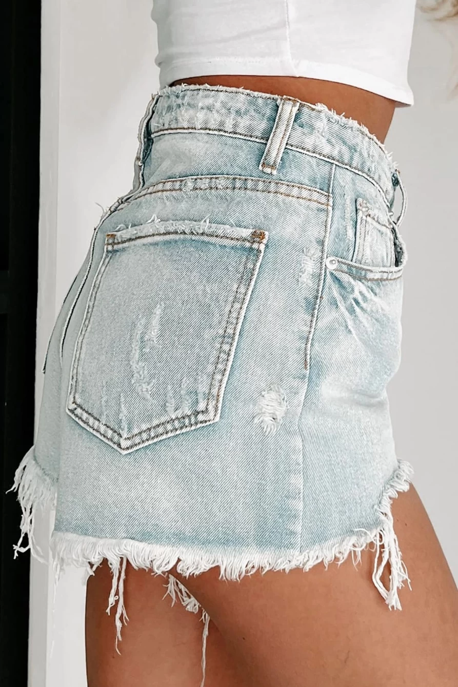 "Shewin Women's Sky Blue Distressed High Waist Raw Hem Denim Shorts"