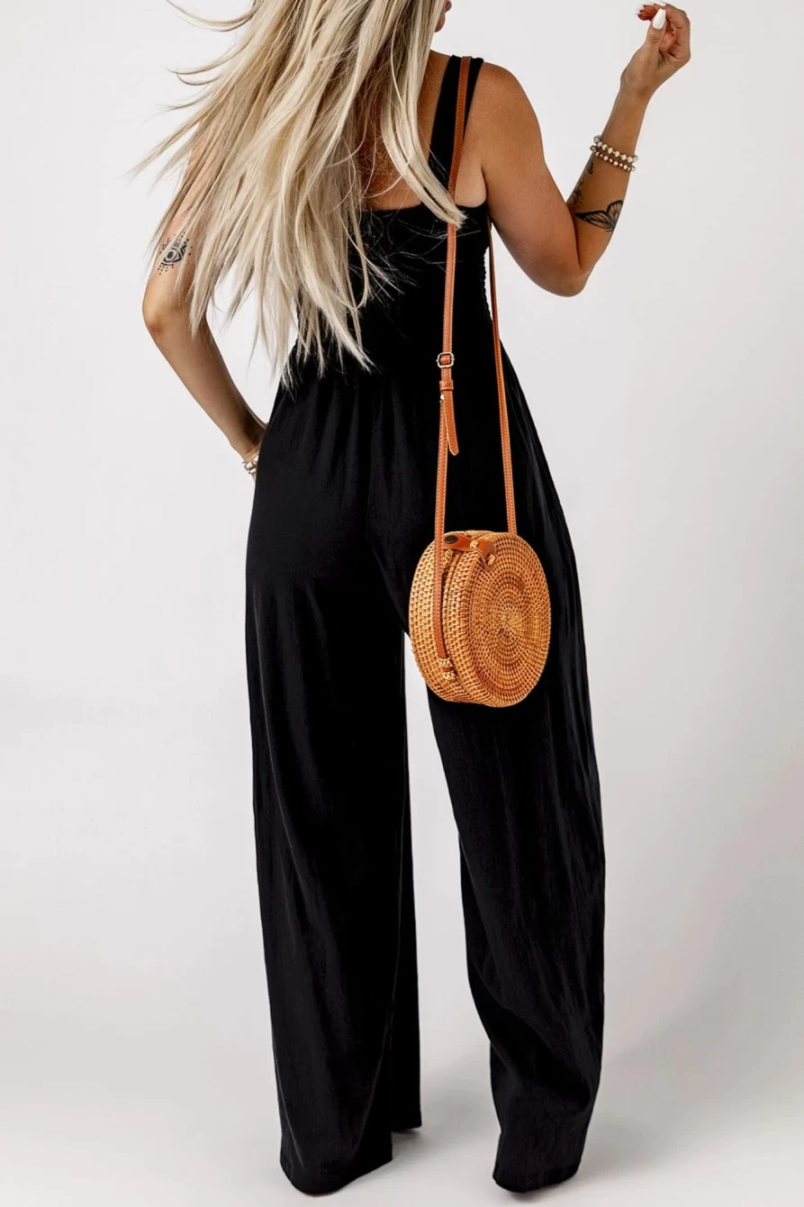 Shewin Women's Black Casual Smocked Sleeveless Wide Leg Jumpsuit with Pockets