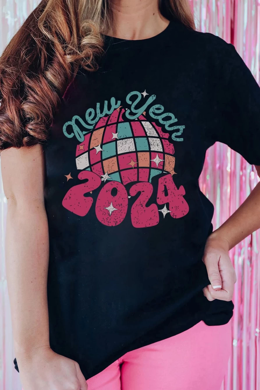Shewin Women's Black Checkered Graphic Crew Neck T-Shirt for New Year 2024