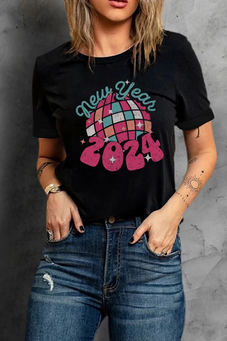 Shewin Women's Black Checkered Graphic Crew Neck T-Shirt for New Year 2024