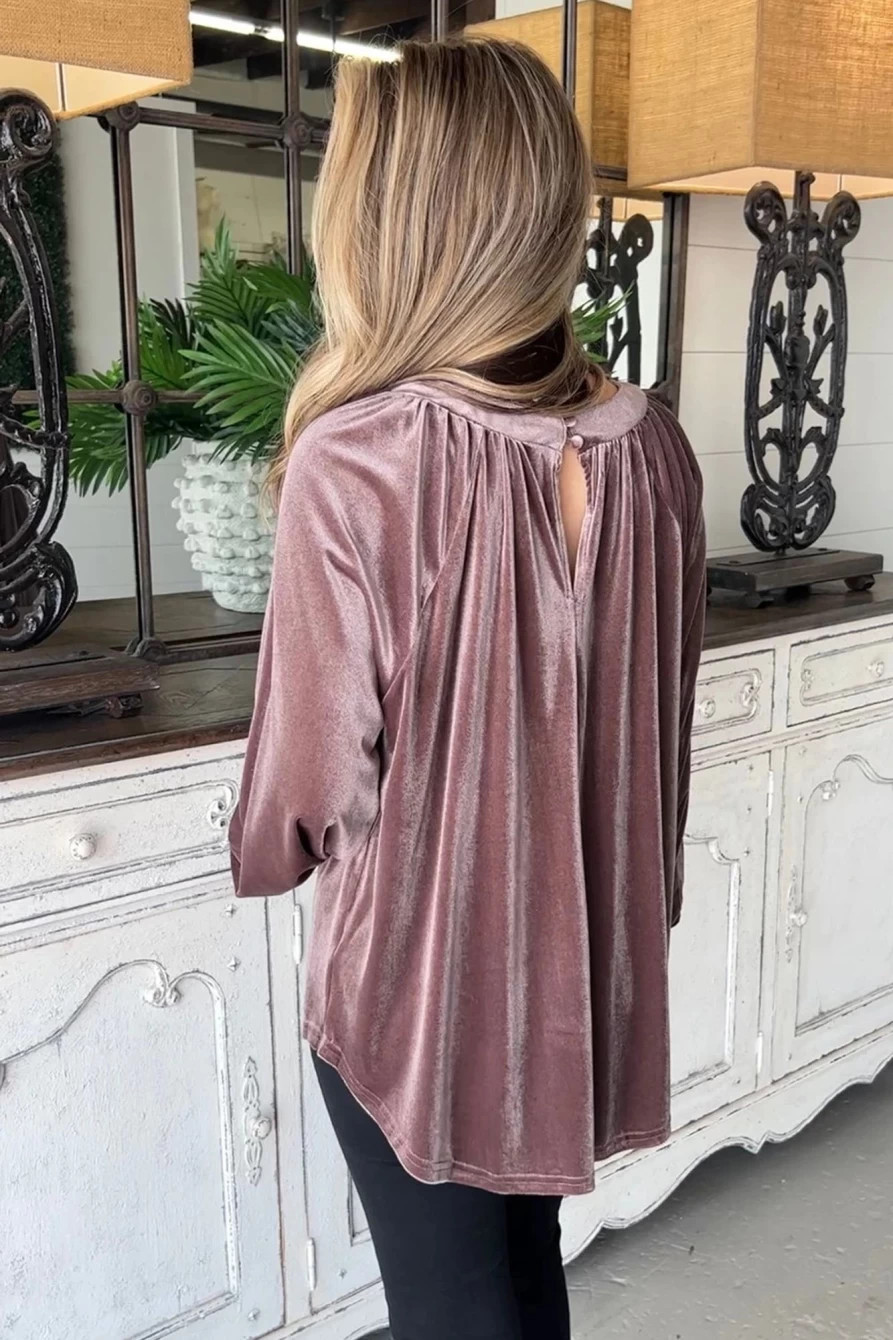 Shewin Women's Rose Tan Velvet Pleated Top with Keyhole Back & Bubble Sleeves