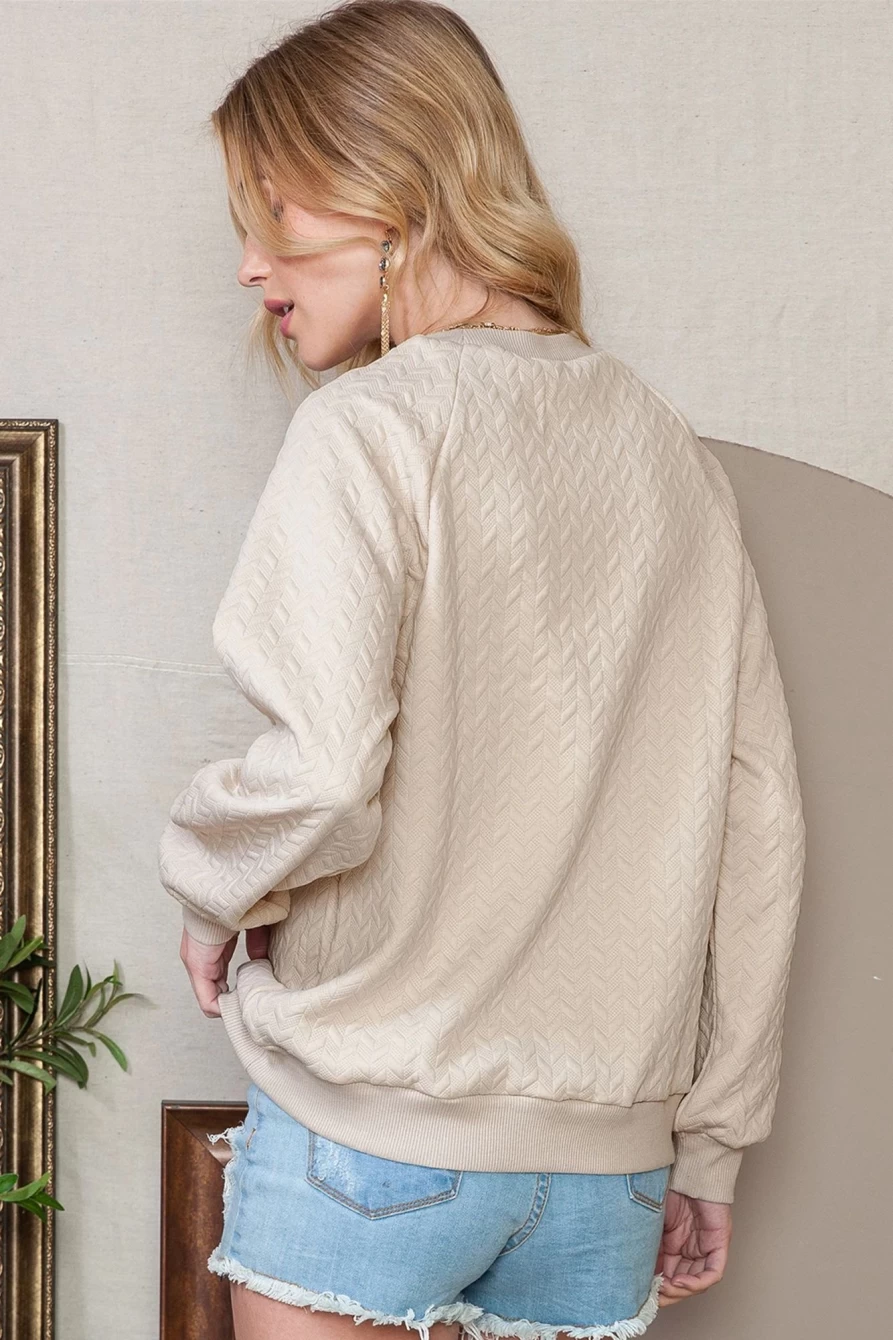 Shewin Women's Beige Solid Color Textured Raglan Sleeve Pullover Sweatshirt