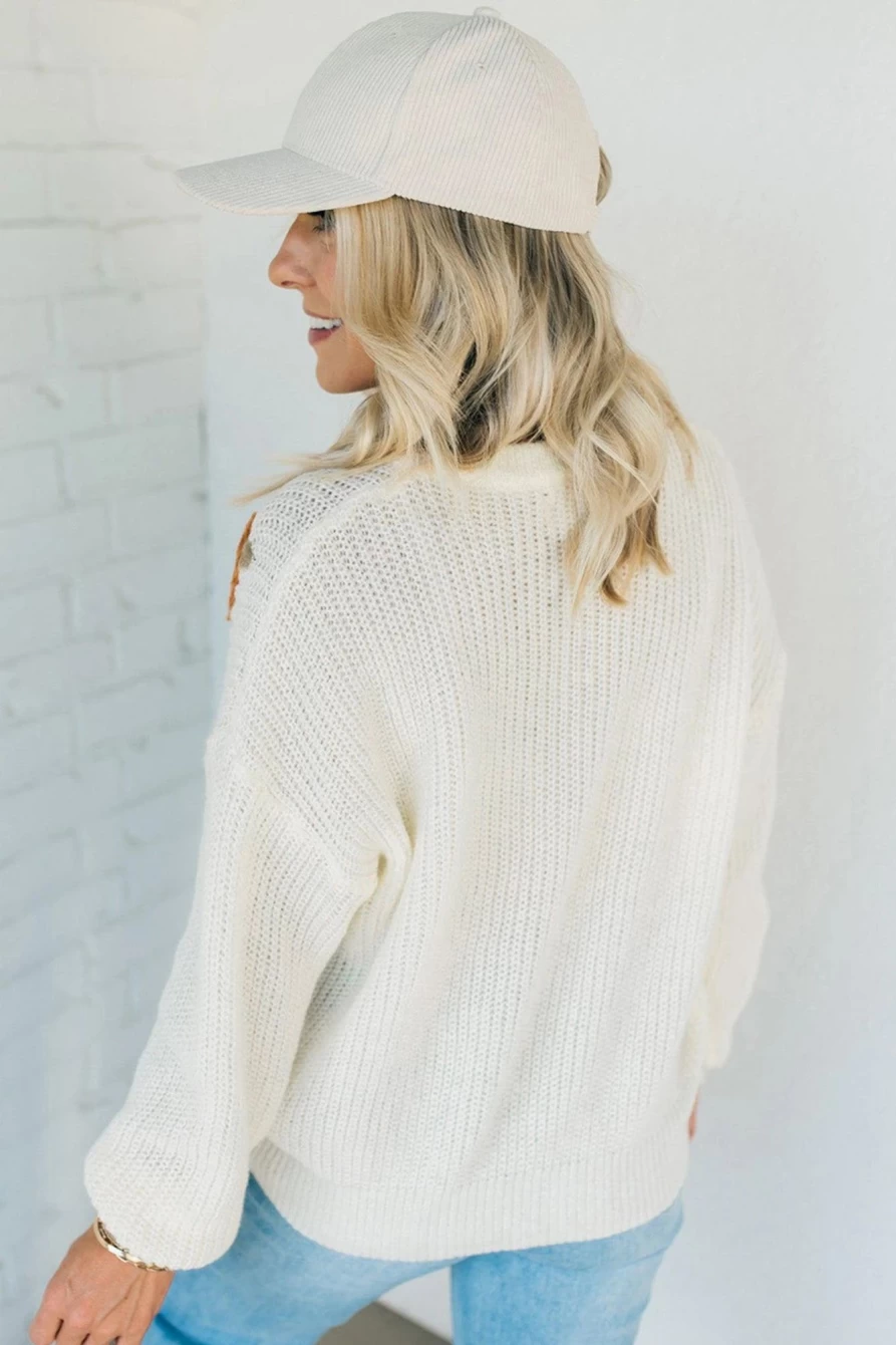 Shewin Women's Snow White Crochet Pumpkin Drop Shoulder Sweater