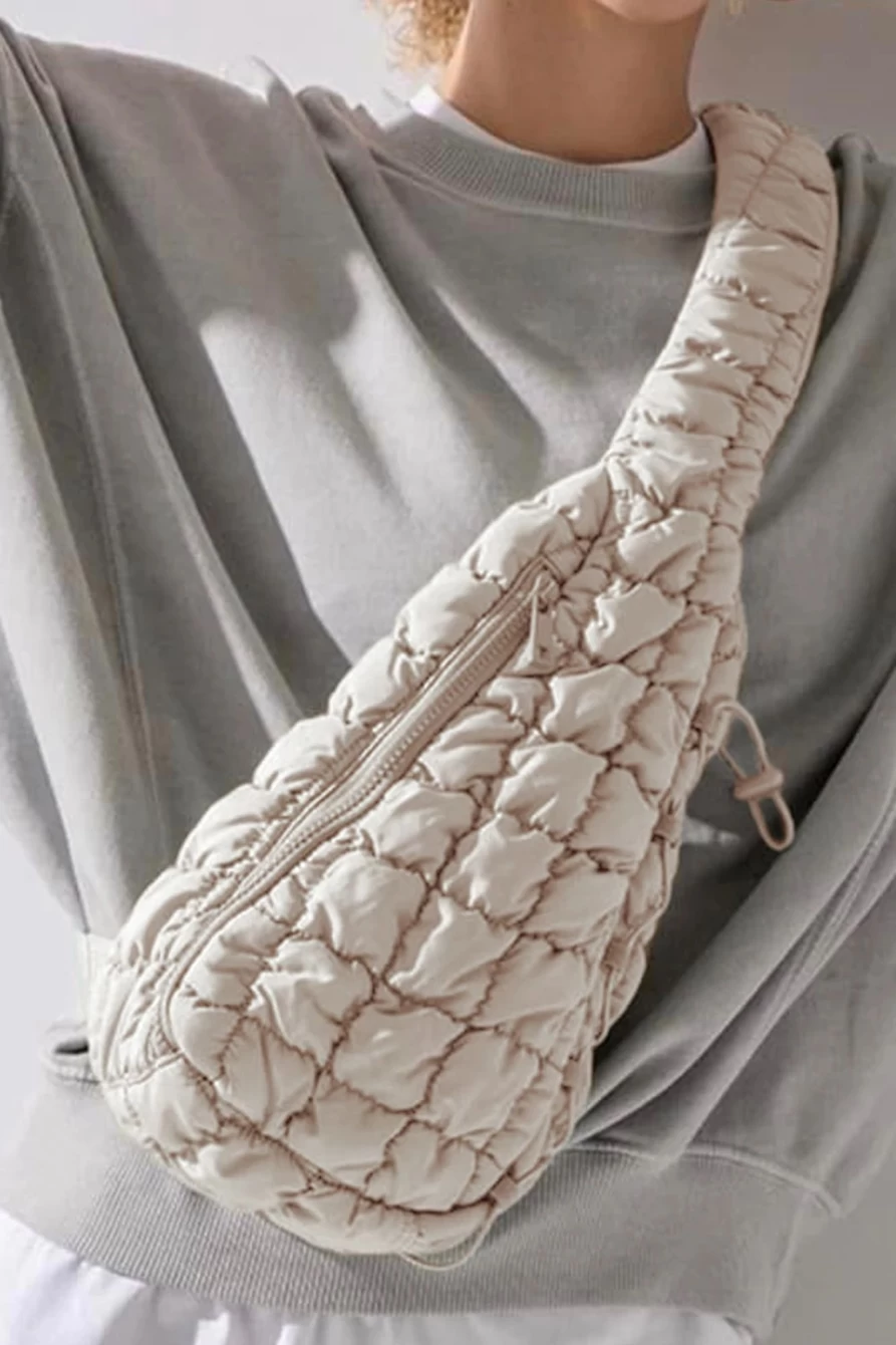 Shewin Women's White Quilted Marshmallow Drawstring Decor Sling Bag