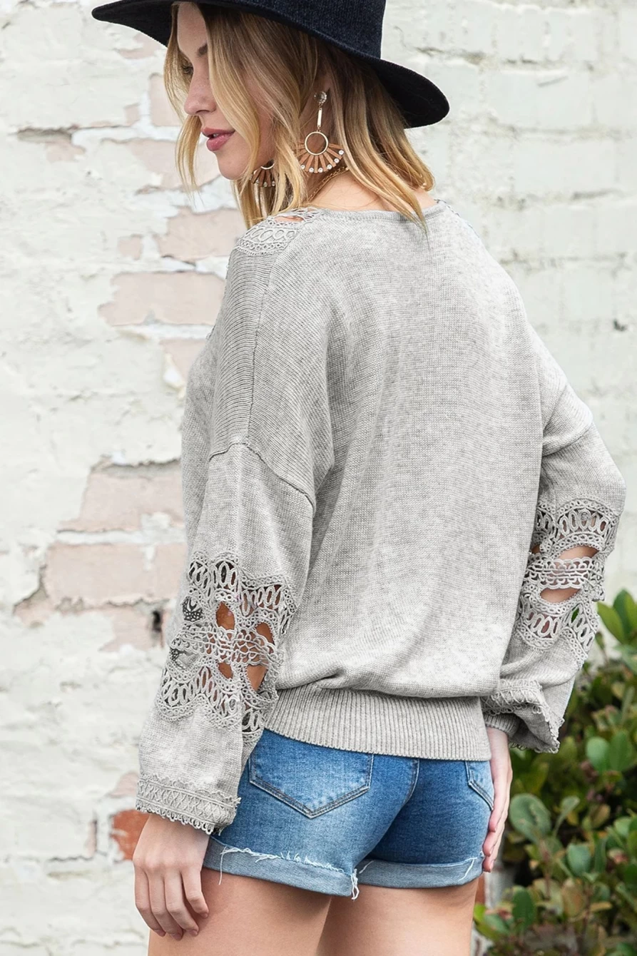 Shewin Women's Gray Hollowed Lace V-Neck Loose Knit Sweater