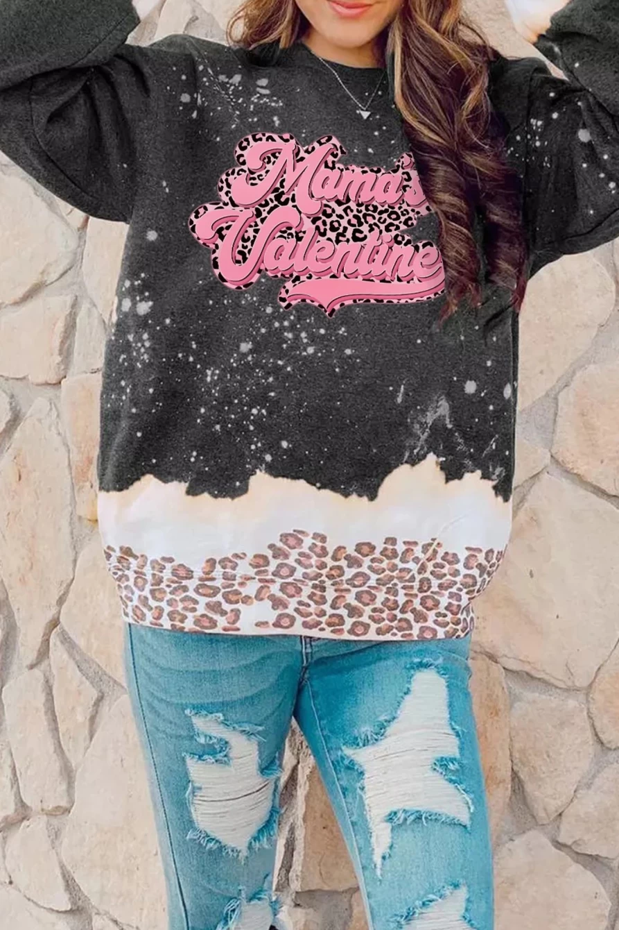 Shewin Women's Black Leopard Graphic Bleached Valentine Sweatshirt