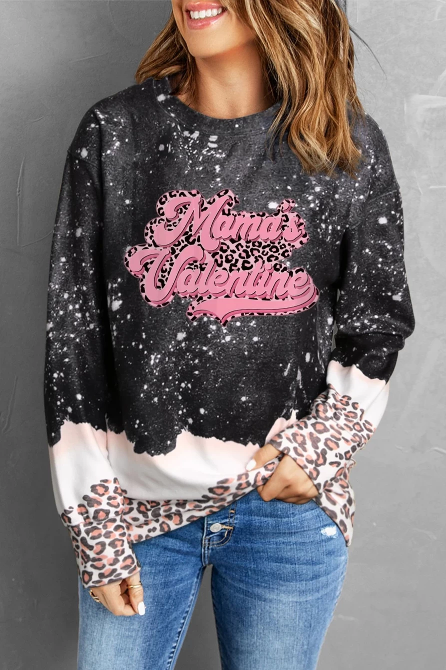 Shewin Women's Black Leopard Graphic Bleached Valentine Sweatshirt