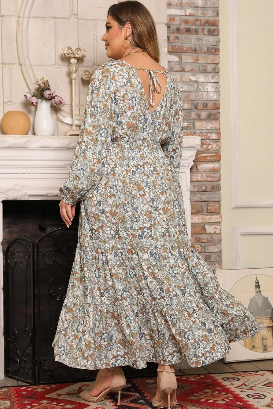Shewin Women's Plus Size Floral Print Puff Sleeve Surplice Ruffled Dress in Multicolor