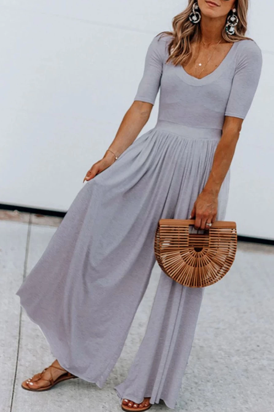 Shewin Women's Gray Wide Leg Short Sleeve Jumpsuit - Casual Basic Plain Romper