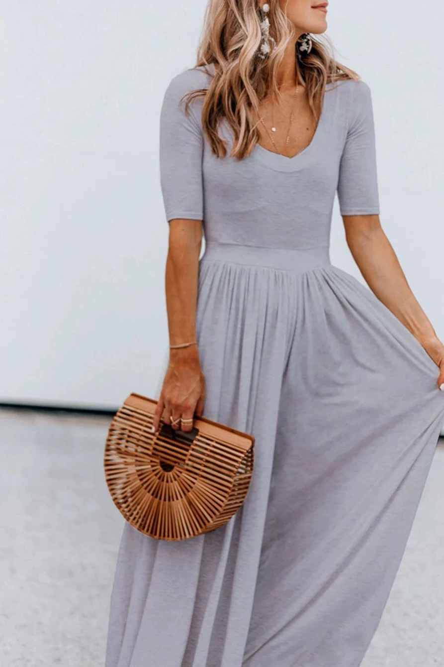 Shewin Women's Gray Wide Leg Short Sleeve Jumpsuit - Casual Basic Plain Romper