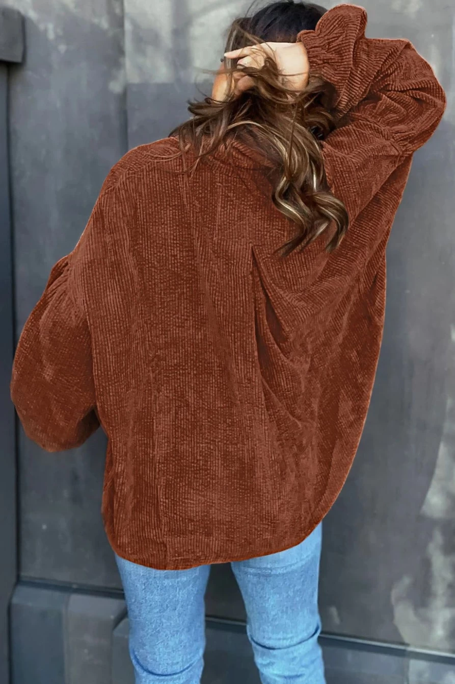Women's Coffee Corduroy Jacket with Lantern Sleeves & Button Up by Shewin
