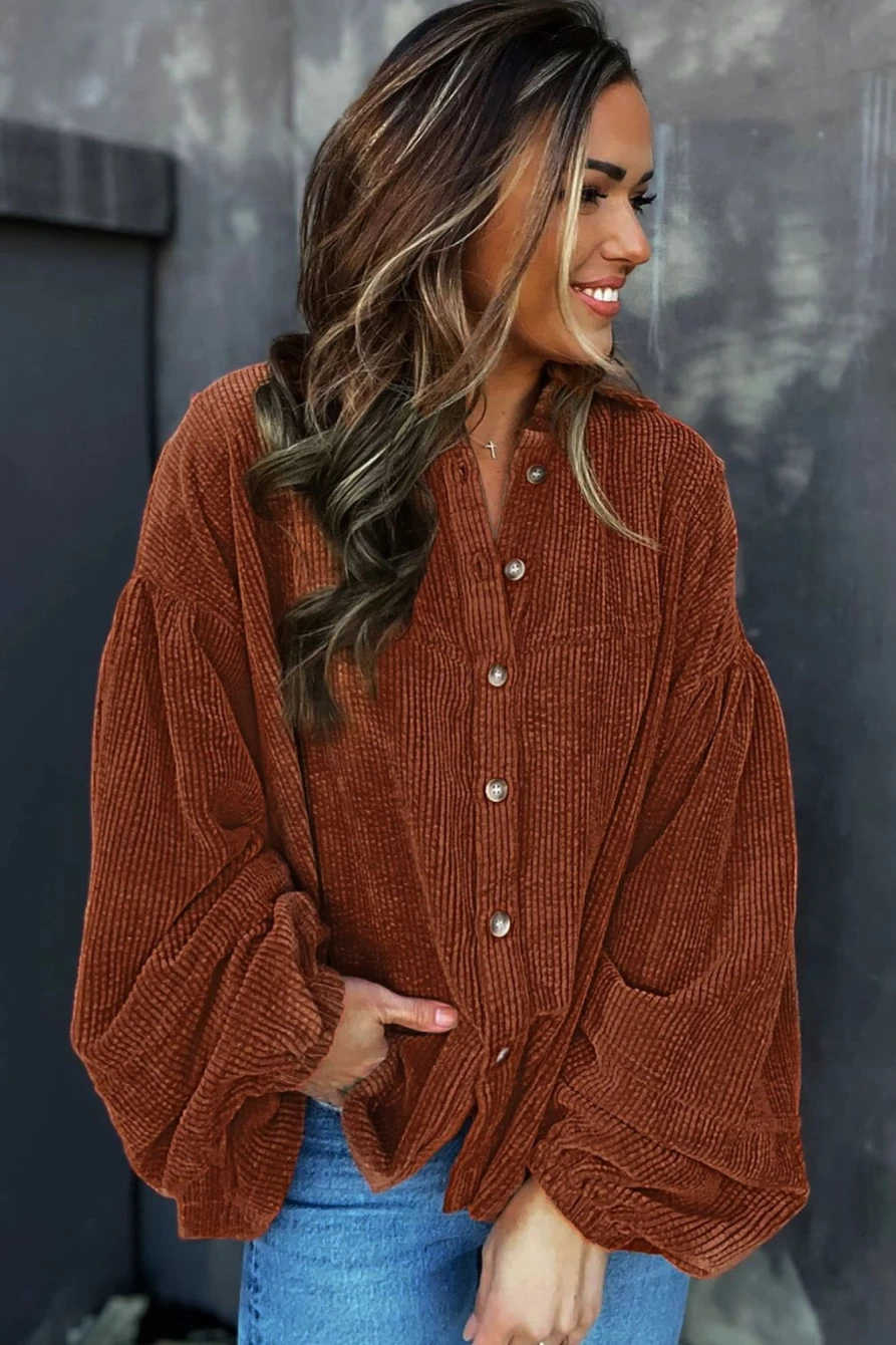 Women's Coffee Corduroy Jacket with Lantern Sleeves & Button Up by Shewin