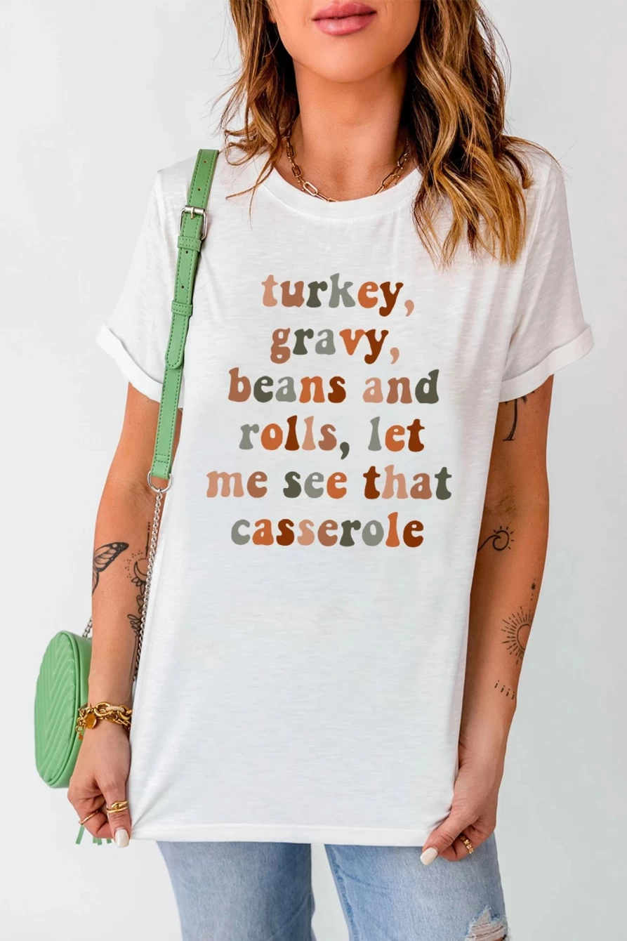 Shewin Women's White Thanksgiving Letter Print Casual Graphic T-Shirt