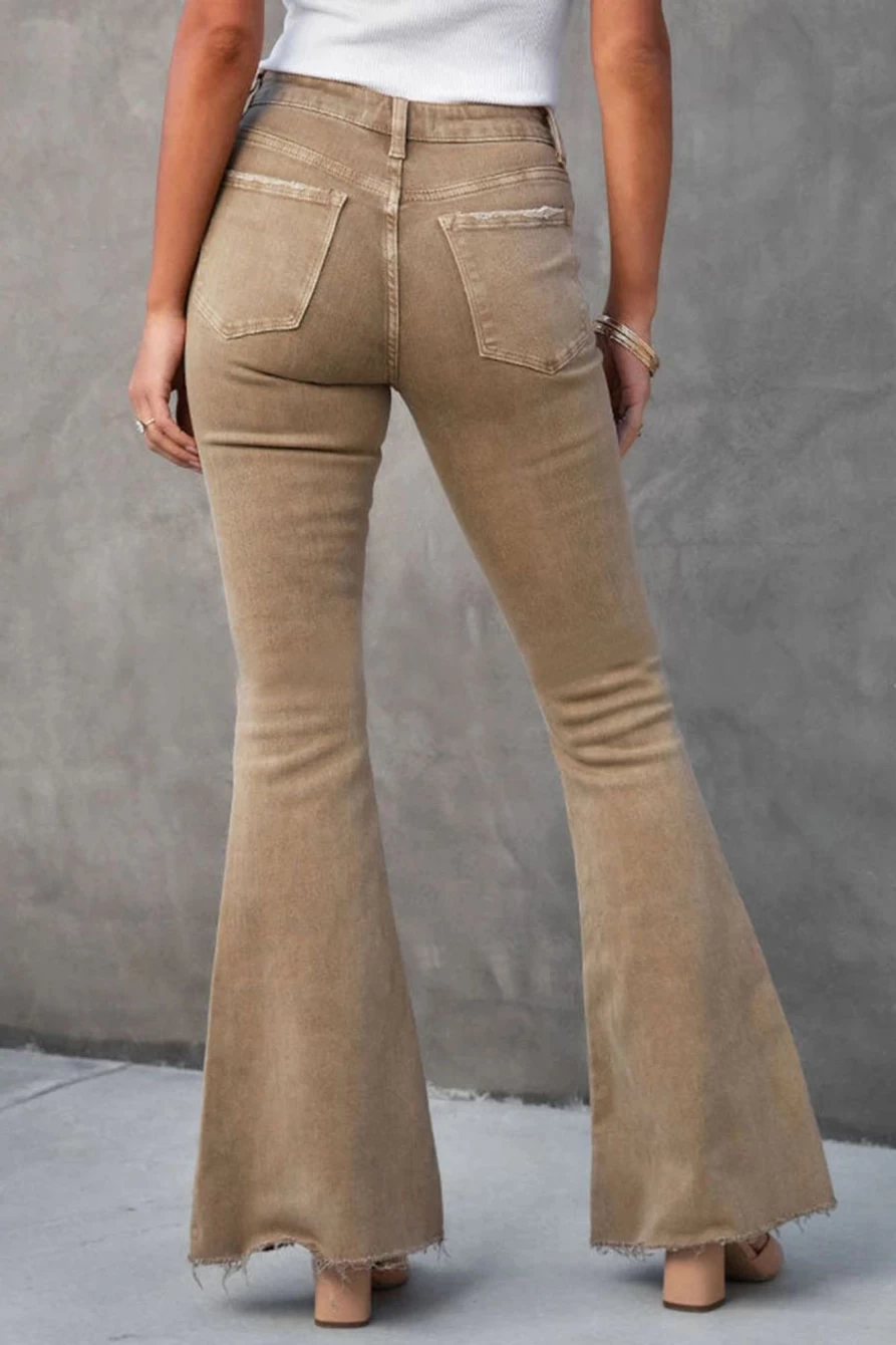 Shewin Women's Khaki High Waist Flare Jeans - Raw Hem Basic Denim Pants