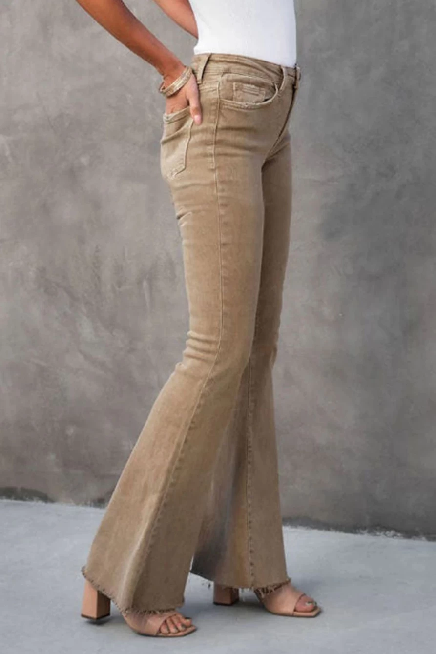 Shewin Women's Khaki High Waist Flare Jeans - Raw Hem Basic Denim Pants