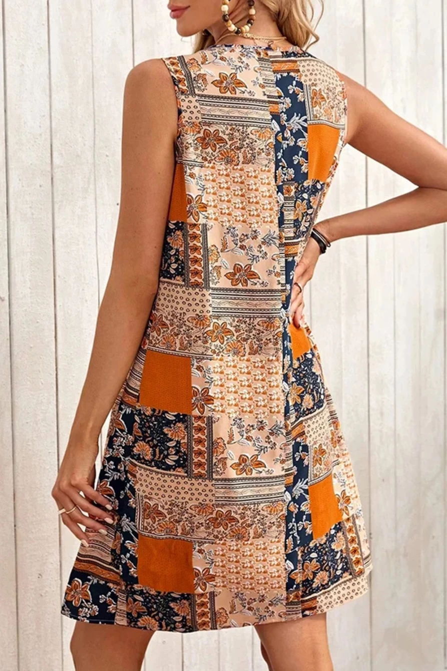 Shewin Women's Orange Floral Print Casual Tank Dress - Summer Sleeveless Short Dress