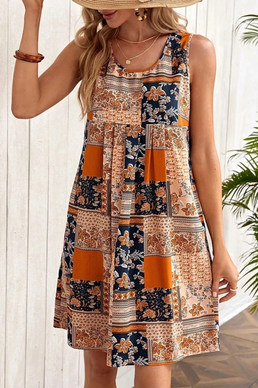 Shewin Women's Orange Floral Print Casual Tank Dress - Summer Sleeveless Short Dress