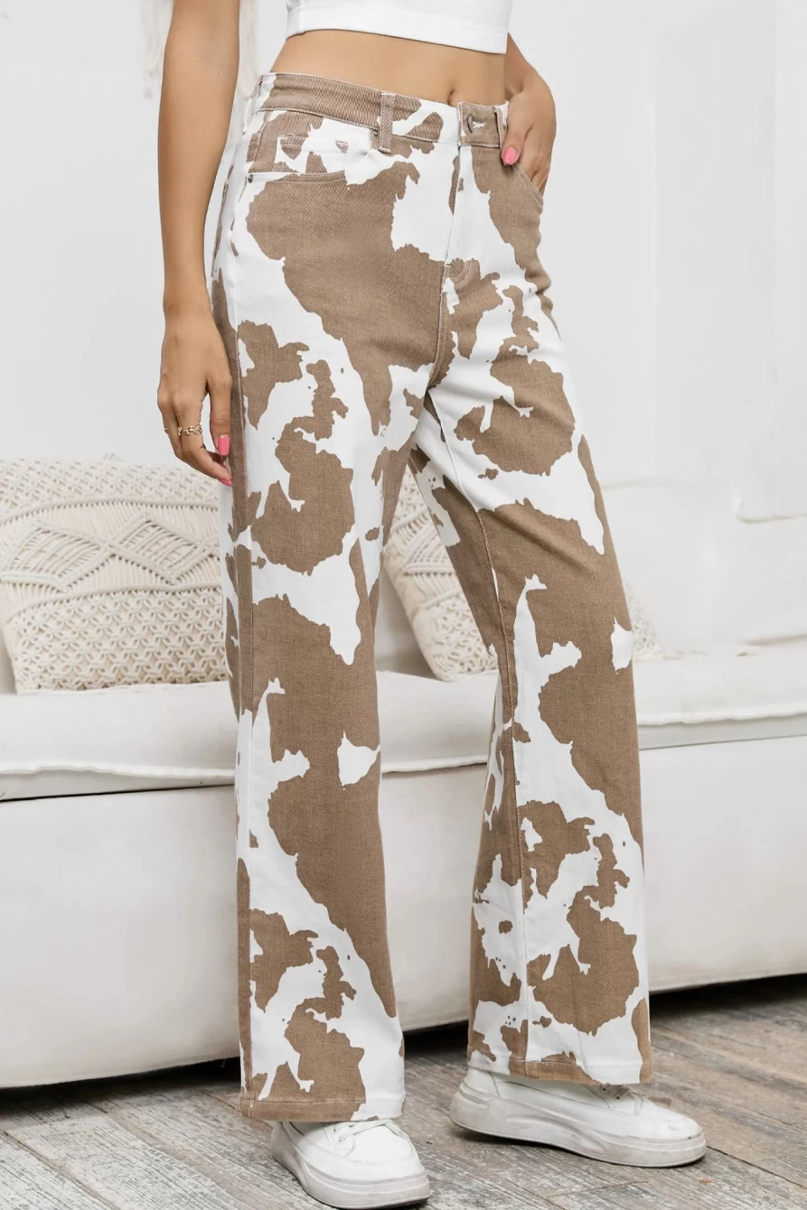 Shewin Women's Khaki Casual Animal Print Jeans with Pockets