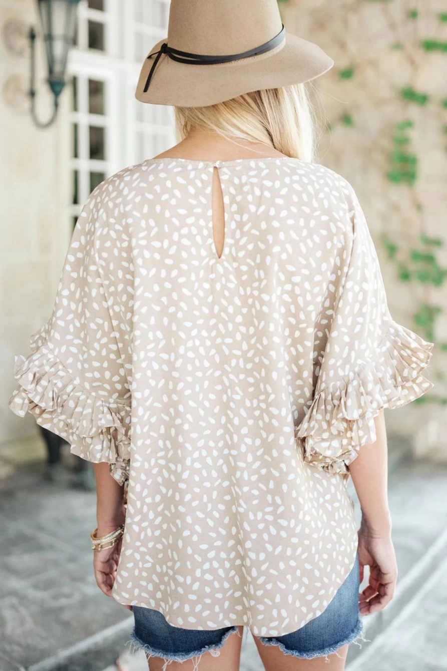 Shewin Women's Khaki Spotted Print Blouse with Ruffle Sleeves and Loose Fit