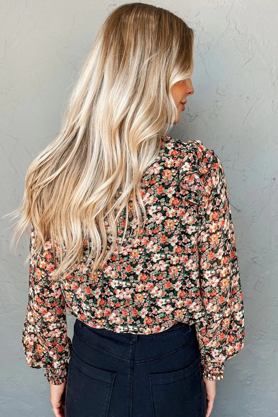 Shewin Women's Orange Boho Floral Blouse with Ruffle Trim & Smocked Cuffs