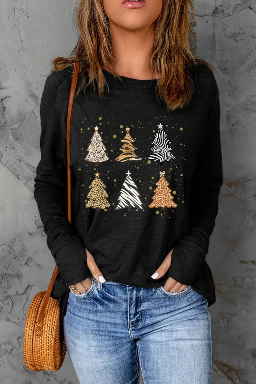 Shewin Women's Black Christmas Tree Graphic Thumbhole Sleeve T-Shirt