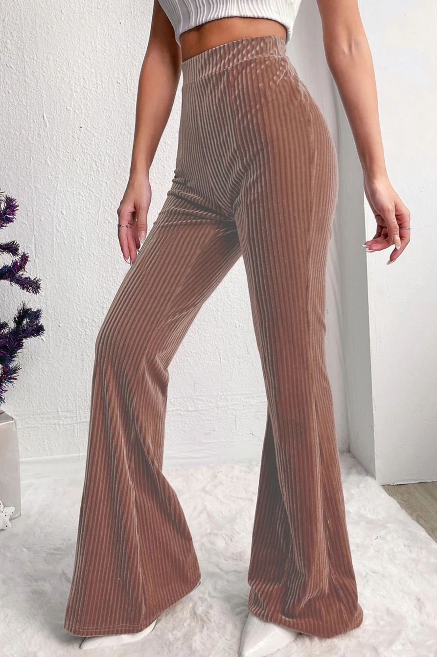 Shewin Women's Dusty Pink High Waist Corduroy Flare Pants - Solid Color Retro Wide Leg Trousers