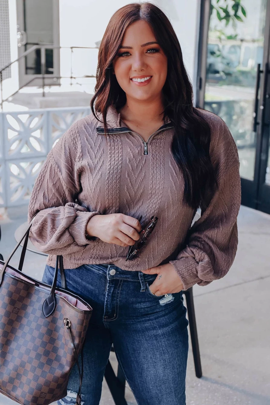 Shewin Women's Plus Size Brown Textured Knit Zip Neck Pullover Top