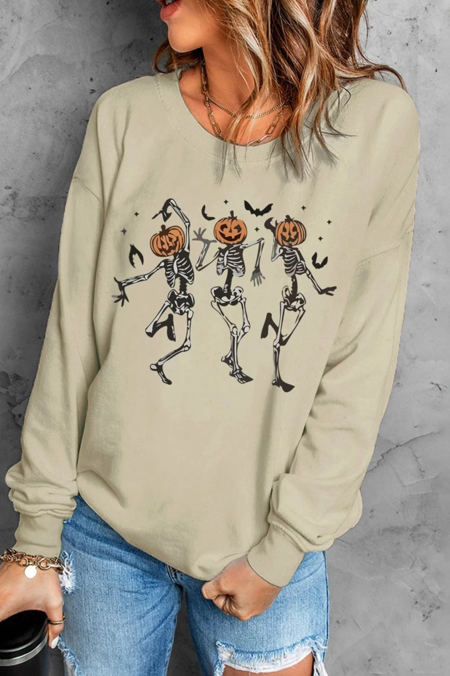 Shewin Women's Khaki Skeleton Pumpkin Print Pullover Sweatshirt - Halloween Graphic Hoodie