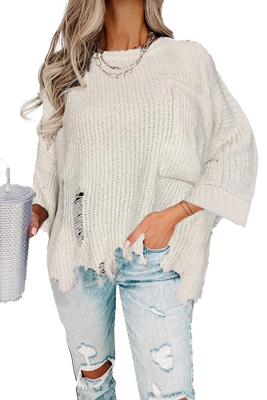 Women's White Chunky Knit Pullover Sweater with Pocket & Raw Hem Detail | Shewin