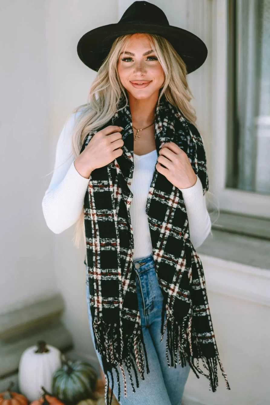"Shewin Black Plaid Print Fringed Oversized Scarf for Women - Stylish Winter Wrap"