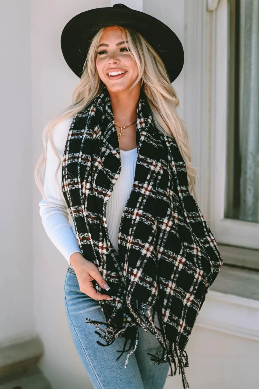 "Shewin Black Plaid Print Fringed Oversized Scarf for Women - Stylish Winter Wrap"