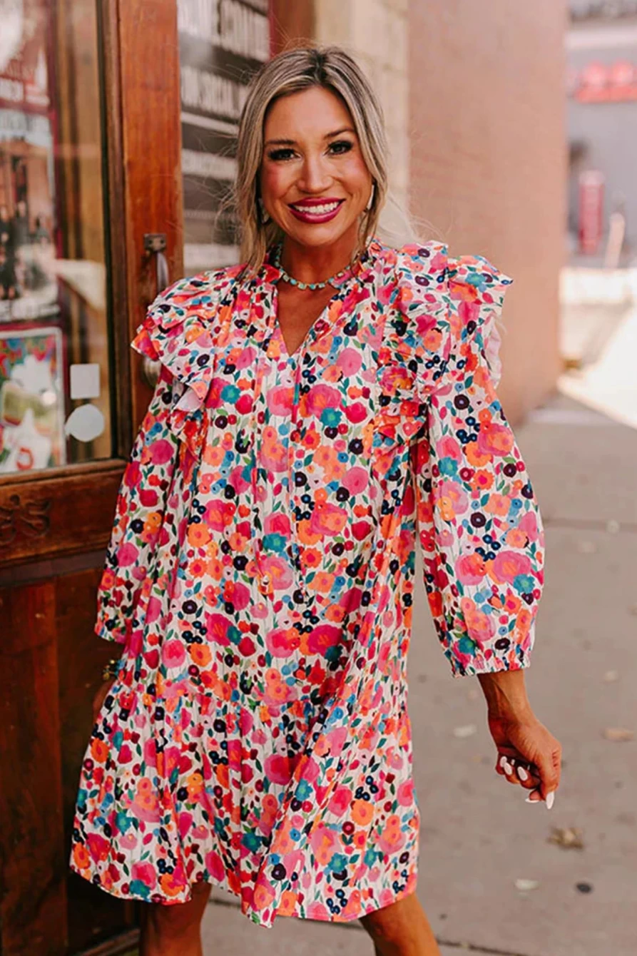 Shewin Women's Boho Floral Print Mini Dress with V-Neck & Ruffle Detail in Multicolour