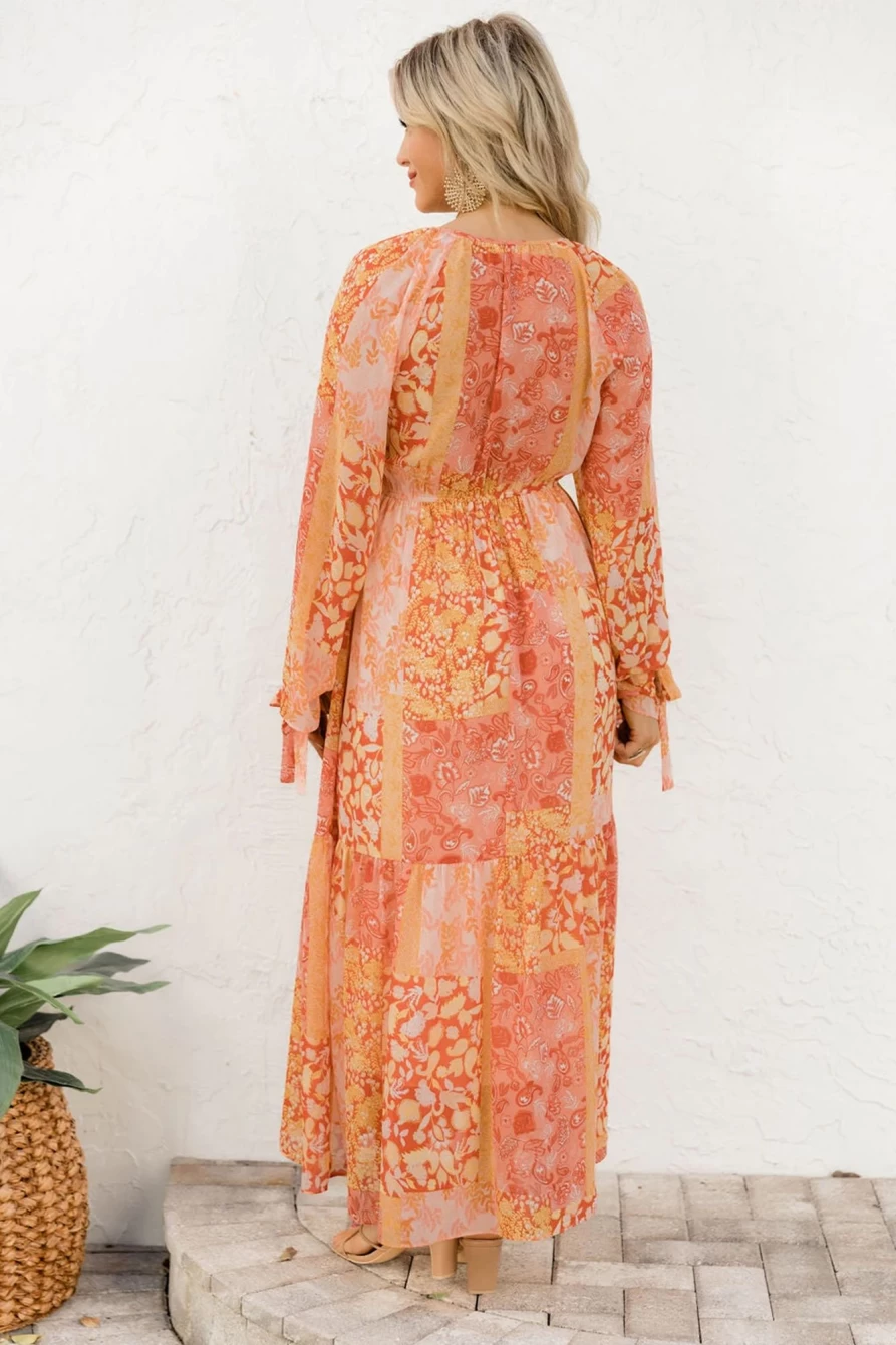 Shewin Women's Orange Boho Floral Wrap Dress with V-Neck and Long Sleeves