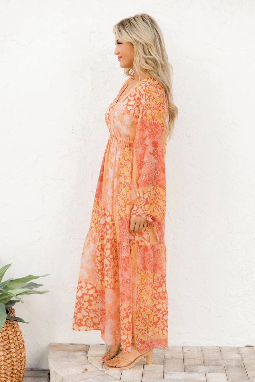 Shewin Women's Orange Boho Floral Wrap Dress with V-Neck and Long Sleeves