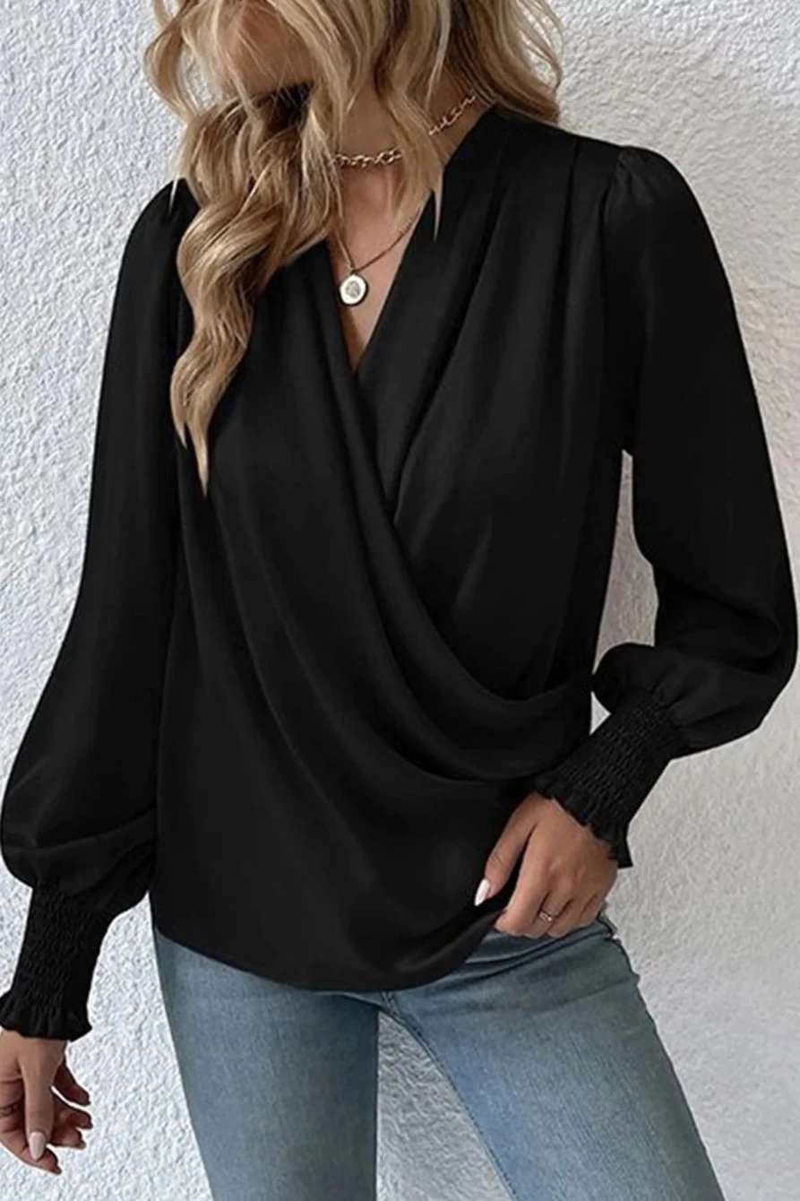 Shewin Women's Black Basic Drape V-Neck Long Sleeve Blouse