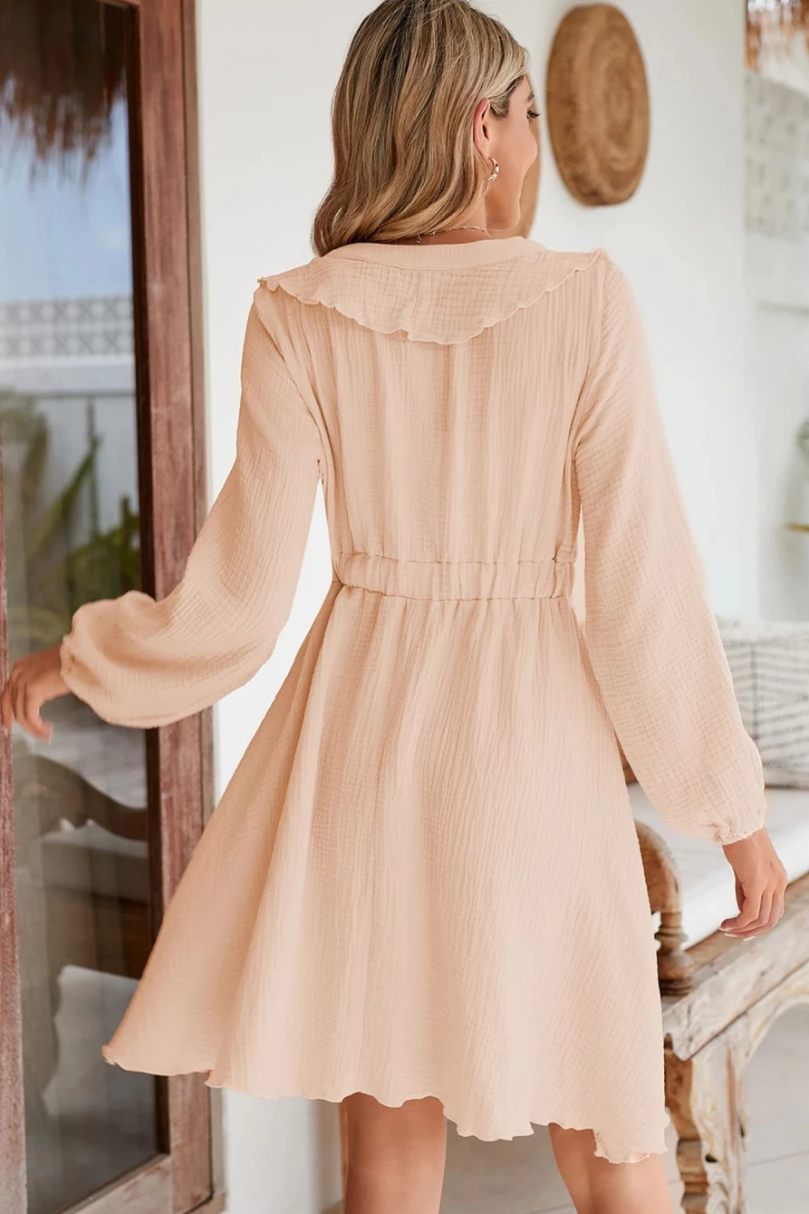 Shewin Women's Khaki Textured Ruffle V-Neck High Waist Mini Dress
