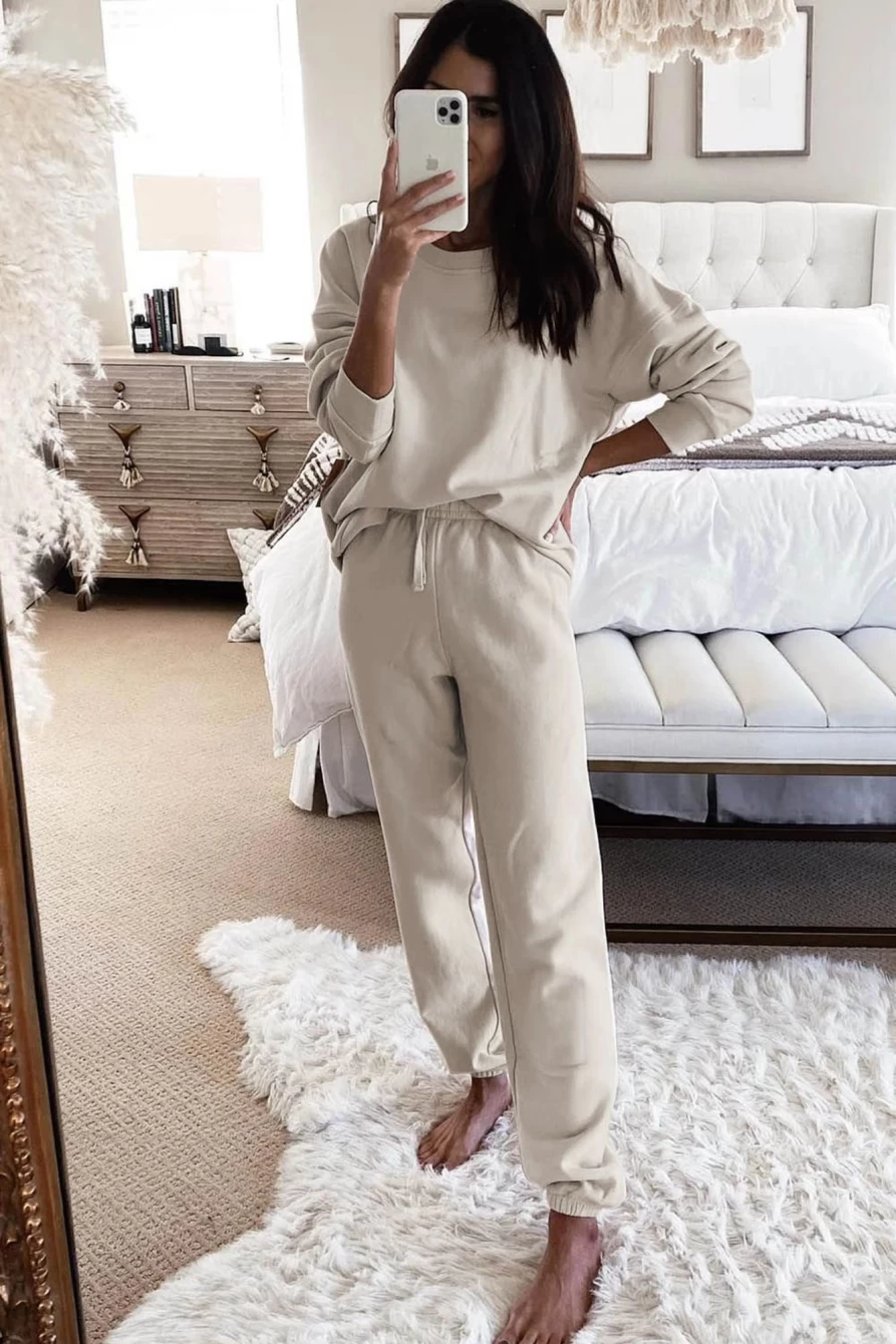 Shewin Women's Beige Plain Long Sleeve Top & Drawstring Pants Two-Piece Set