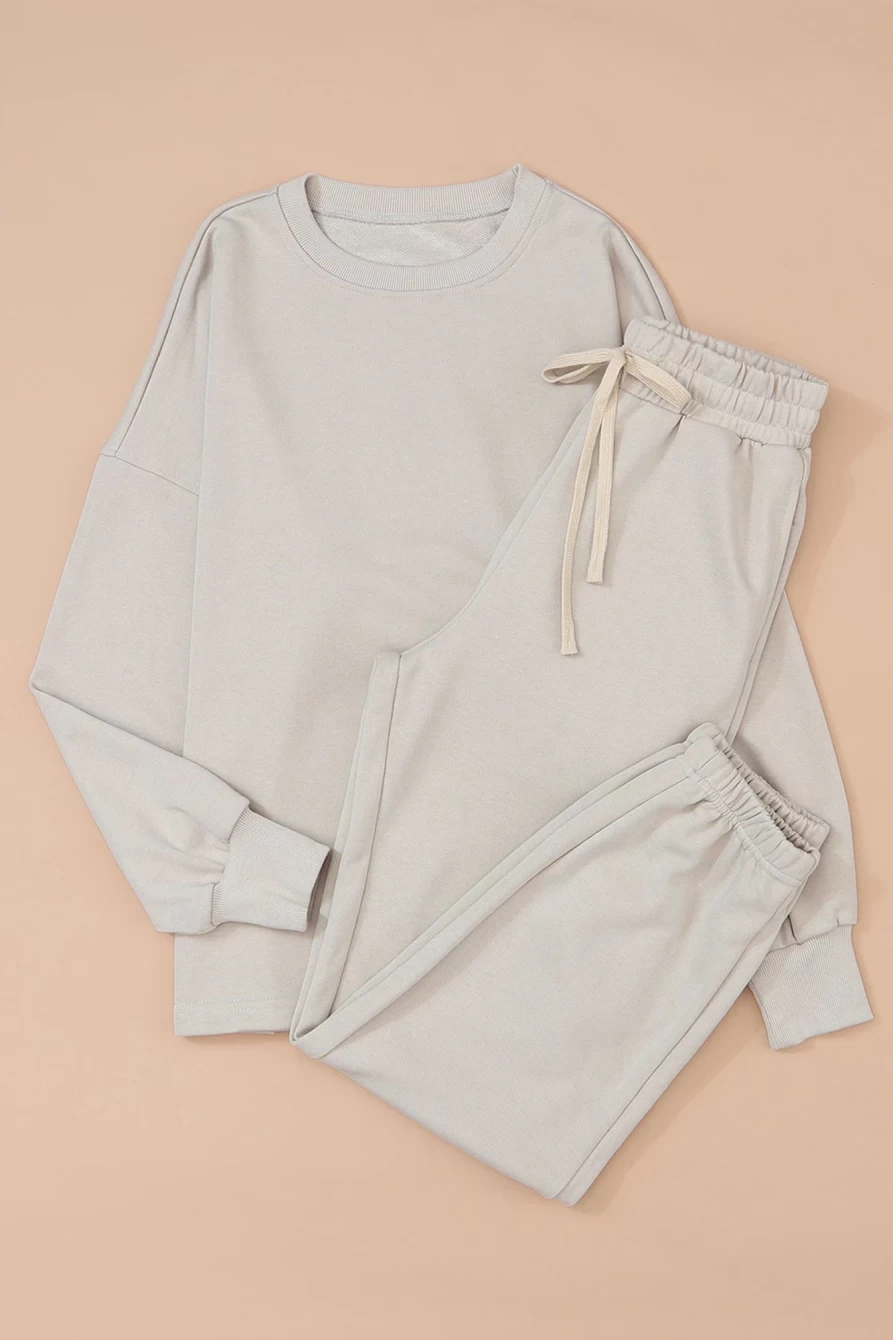 Shewin Women's Beige Plain Long Sleeve Top & Drawstring Pants Two-Piece Set