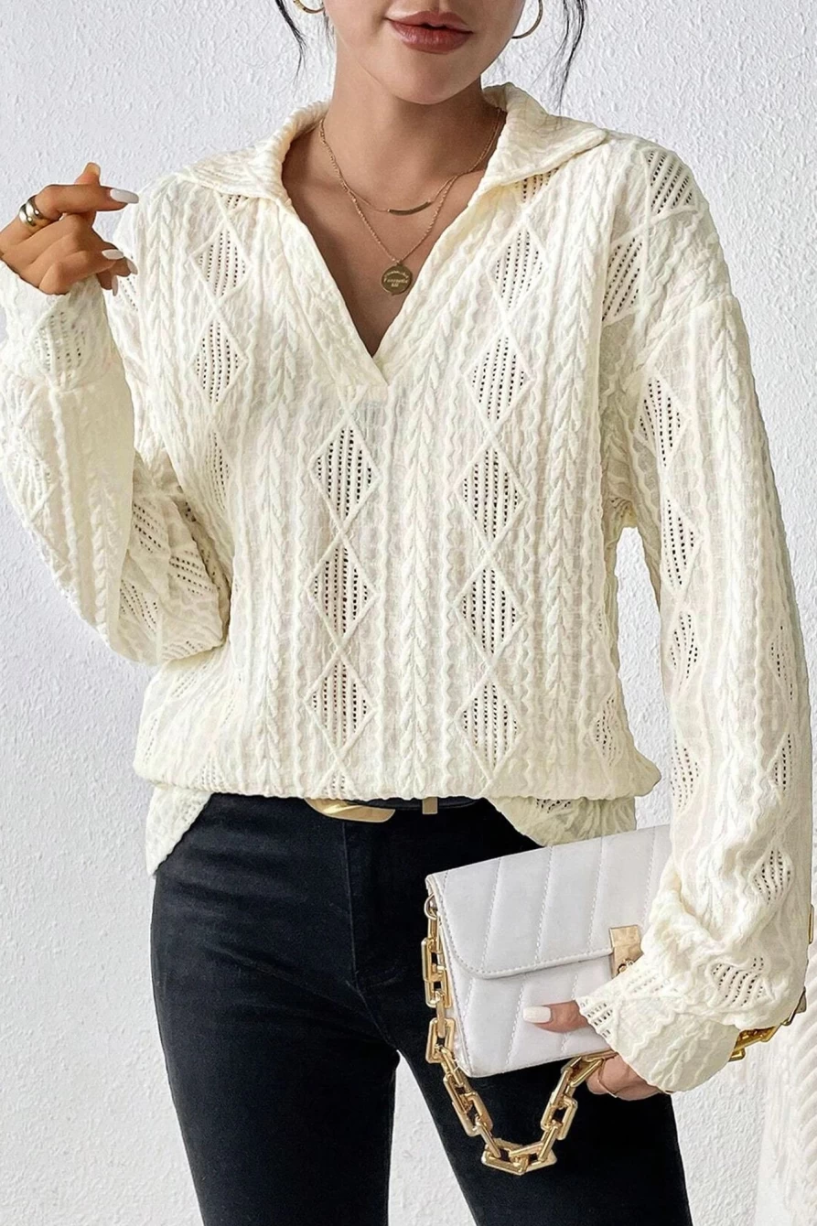 Shewin Women's White Rhombus Textured Collared V-Neck Top