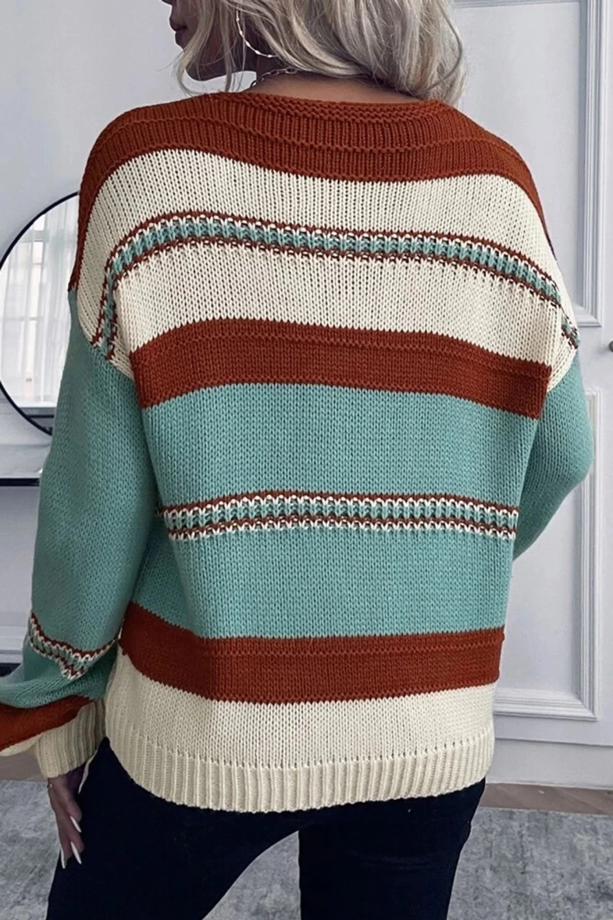 Shewin Women's Sky Blue Striped V-Neck Knit Sweater