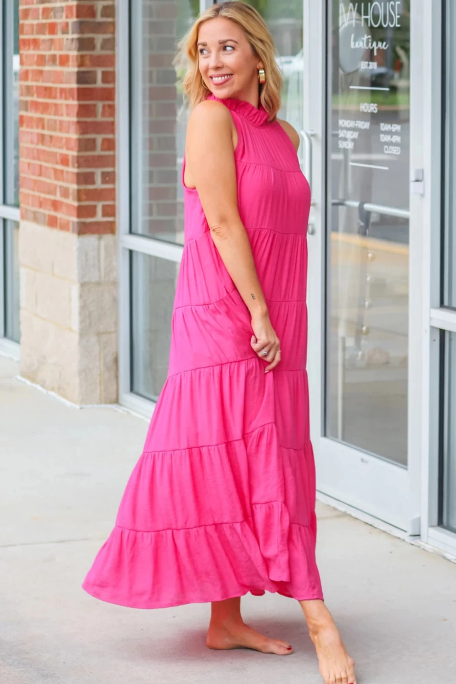 Shewin Women's Rose Red Knotted Frill Neck Tiered Flared Maxi Dress