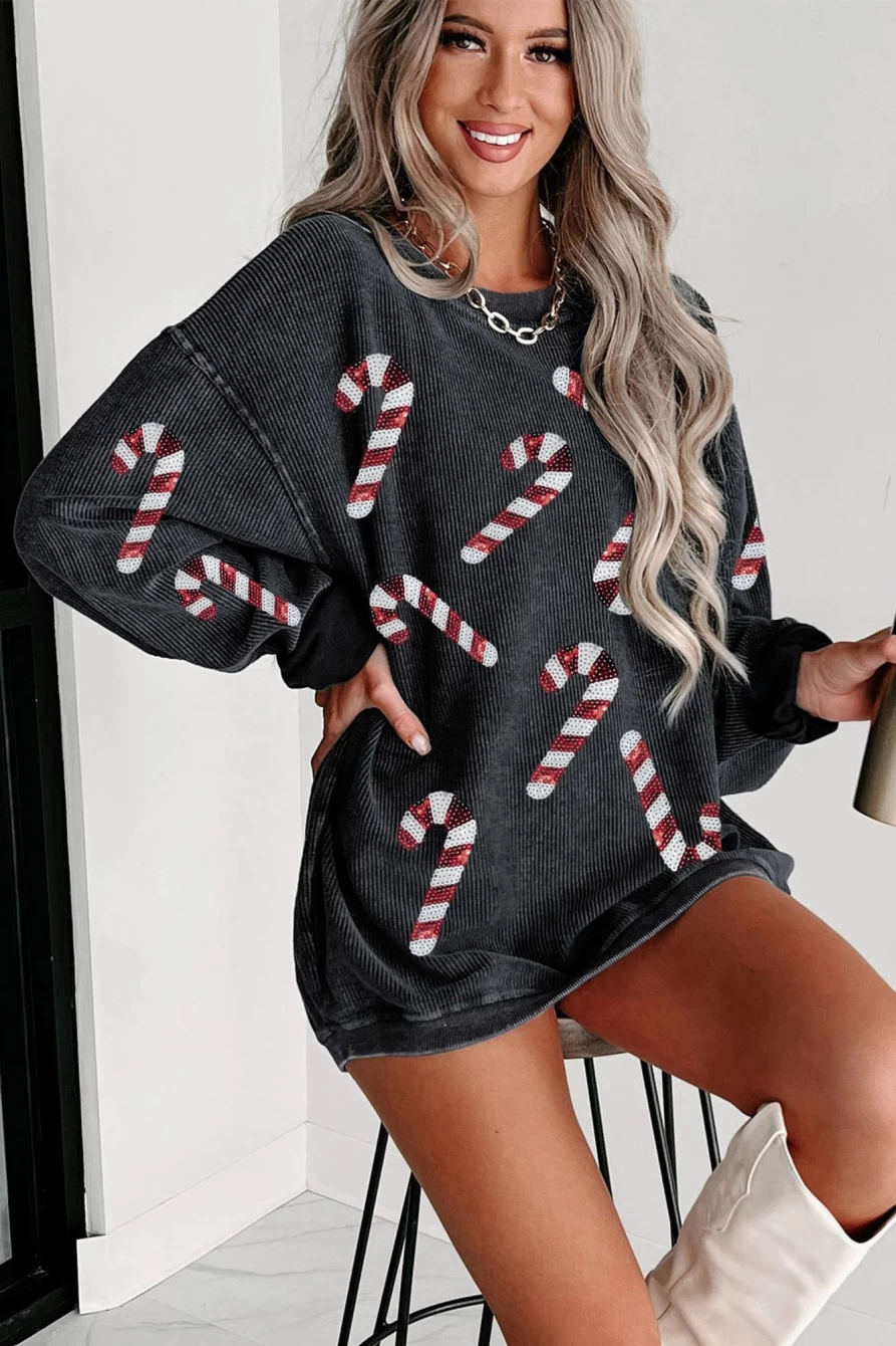 Shewin Women's Black Christmas Candy Cane Graphic Sweatshirt with Shining Details