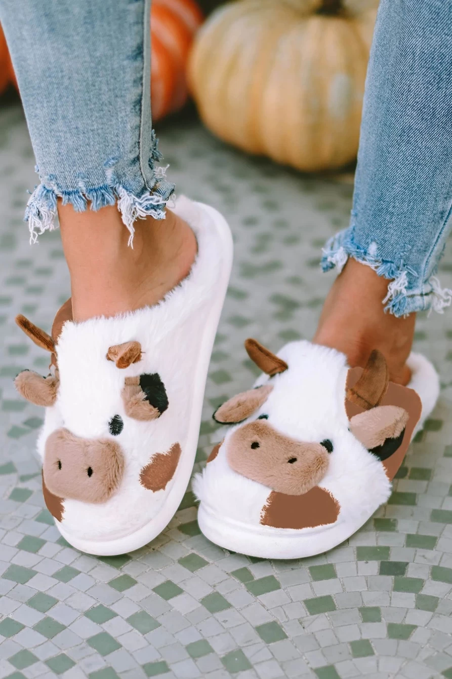 Shewin Women's Camel Cartoon Cow Plush Lined Slippers - Soft & Comfortable House Shoes