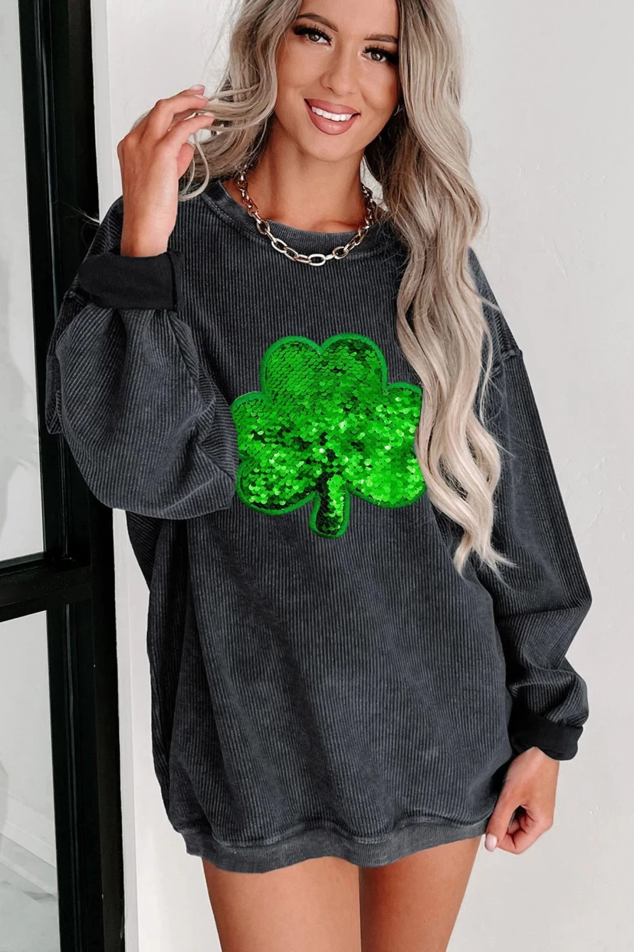 Shewin Women's Black Sequin Embroidered Clover Graphic Sweatshirt