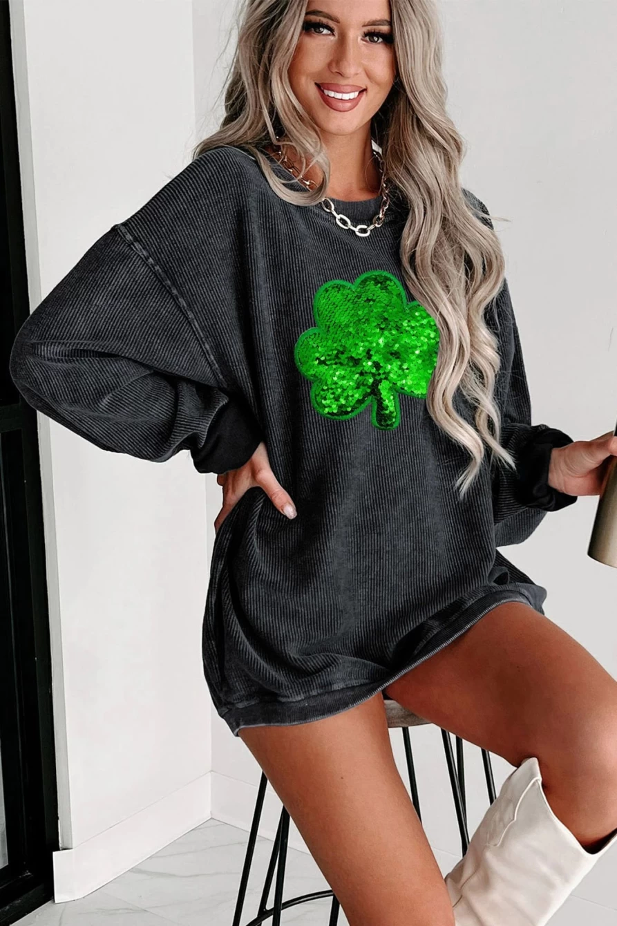 Shewin Women's Black Sequin Embroidered Clover Graphic Sweatshirt