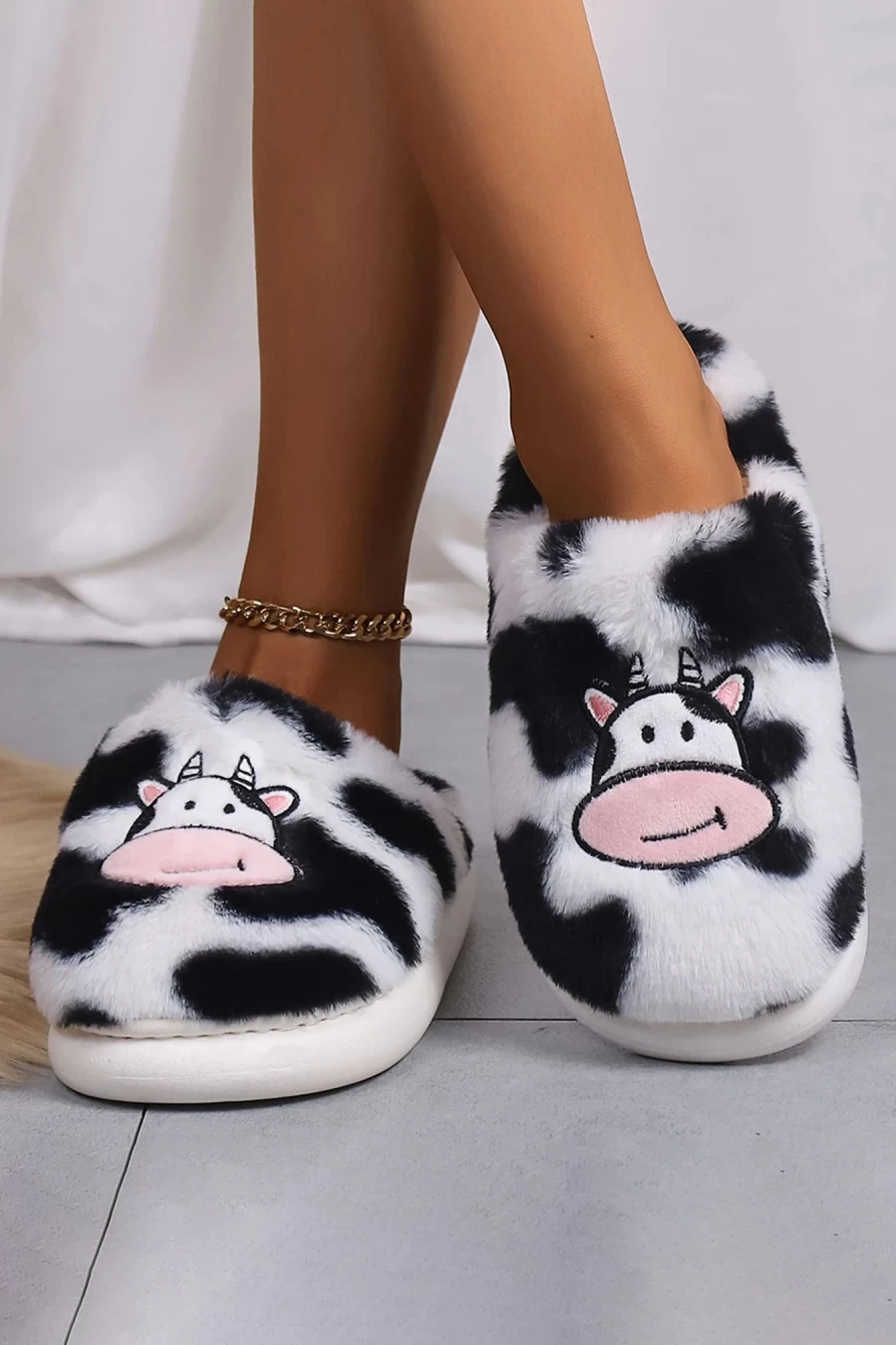Women's White Fuzzy Cartoon Animal Embroidered Home Slippers - Shewin