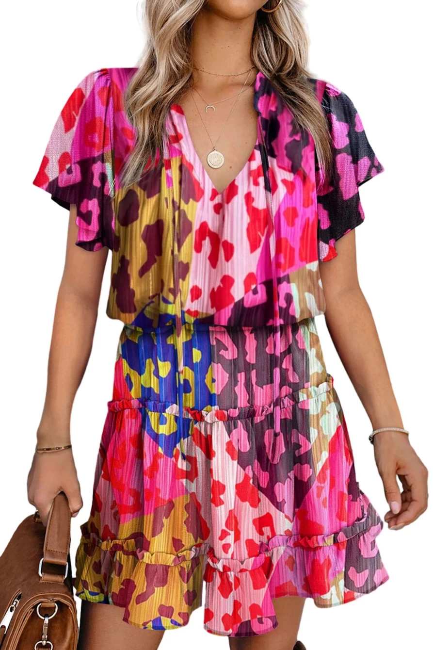 Shewin Women's Rose Leopard Print Short Sleeve Tiered Ruffle Mini Dress